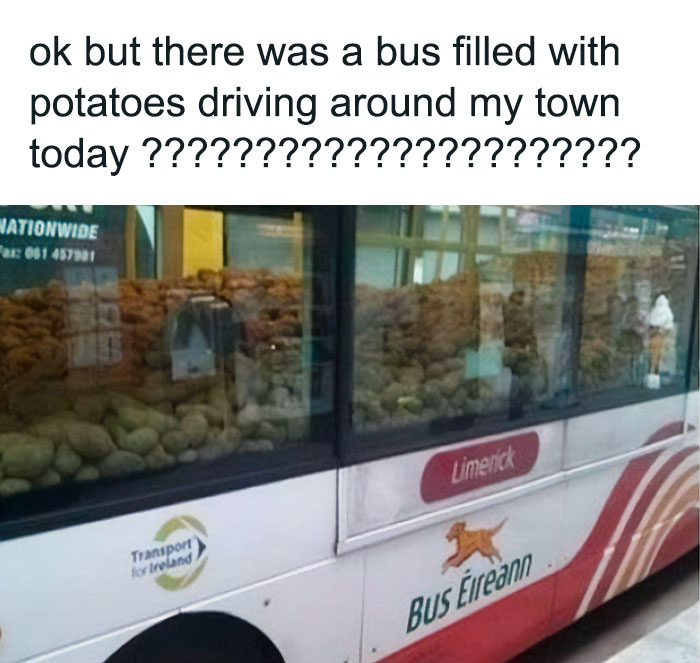Bus Eireann bus in Ireland filled with potatoes, showcasing a unique and quirky aspect of Irish culture and life.