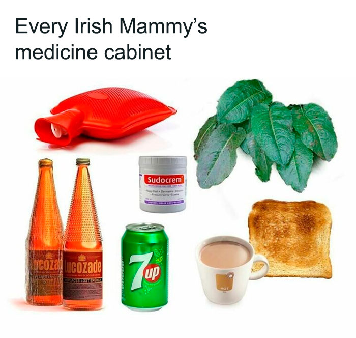 Typical Irish mammy’s medicine cabinet with hot water bottle, Lucozade, Sudocrem, tea, toast, and green leaves representing Ireland.