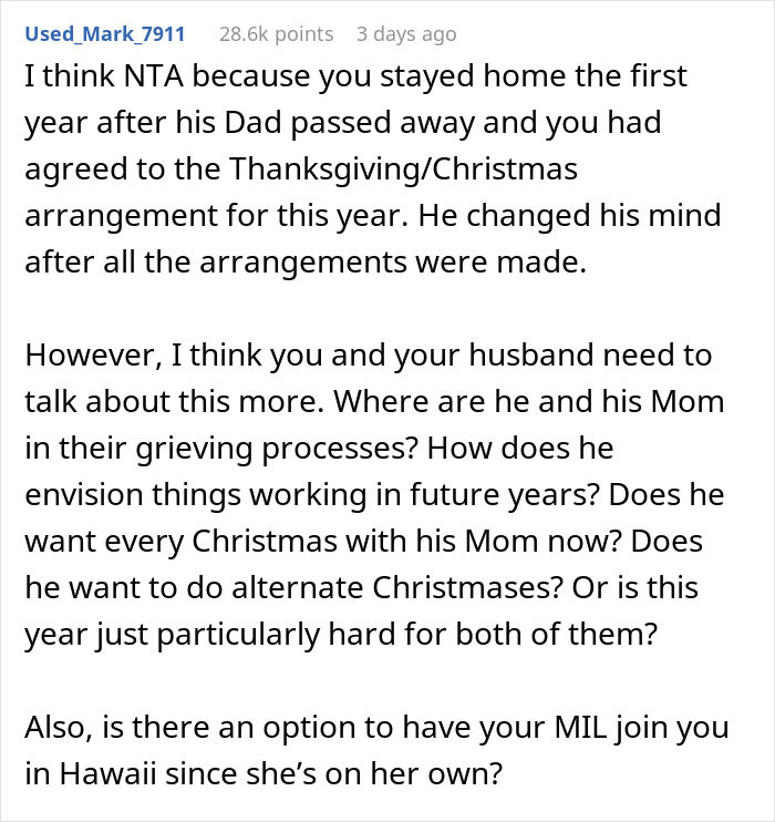 Wife Leaves To Hawaii Without Her Husband Who Wanted To Stay With His Widow Mom, Asks If She's A Jerk Wife Leaves To Hawaii Without Her Husband Who Wanted To Stay With His Widow Mom, Asks If She's A Jerk