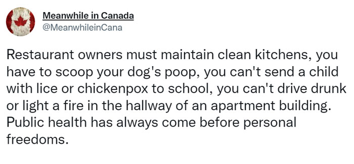 Tweet highlighting Canadian public health priorities over personal freedoms.