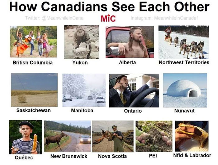 Canadian memes depicting stereotypes of each province and territory humorously.