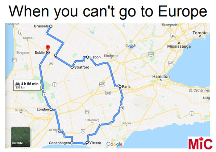 Canadian-themed meme featuring a map with local city names resembling European capitals.