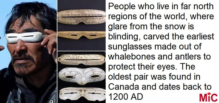 Traditional sunglasses crafted from whalebones, used in Canada to shield eyes from snow glare, dating back to 1200 AD.