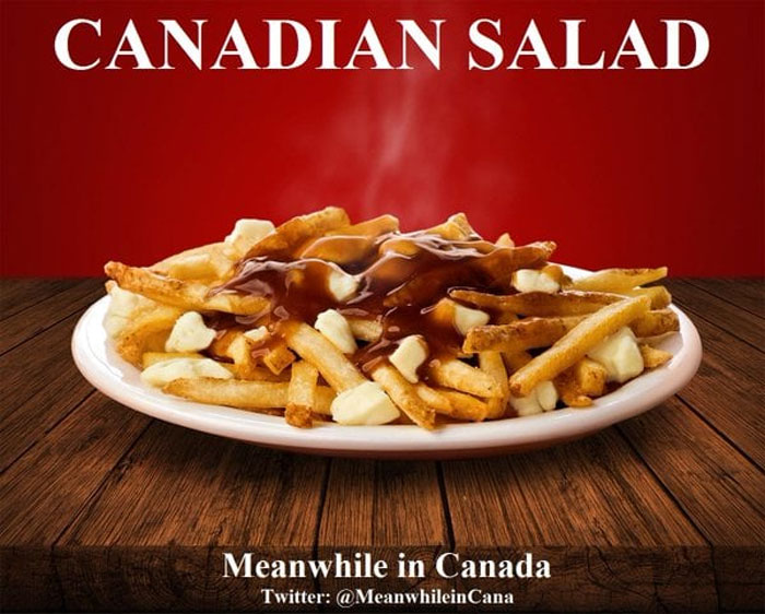 Plate of poutine labeled "Canadian Salad," highlighting a humorous take on Canadian cuisine.