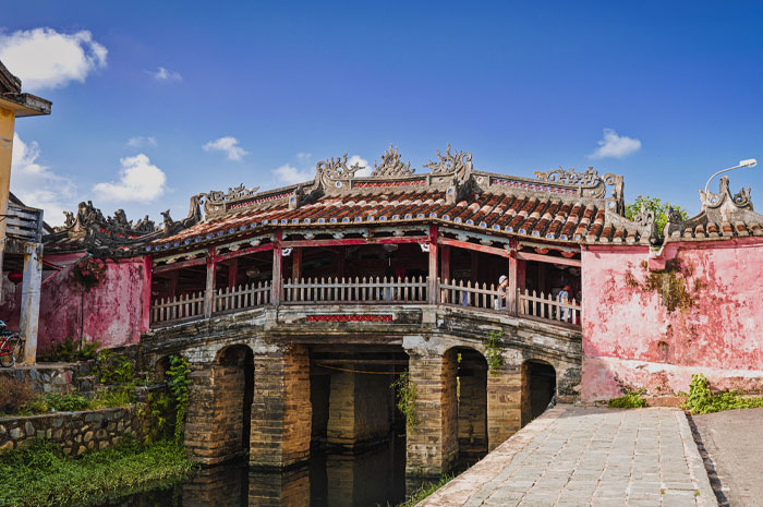 Japanese Covered bridge with buildings