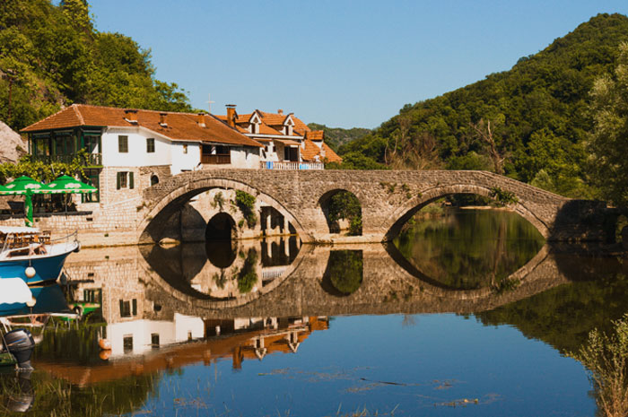 Rijeka Crnojevica bridge near buildings and forest