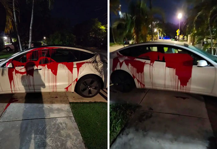 Neighbor Parked His Tesla By Blocking The Sidewalk, Someone Threw Red Paint At His Car