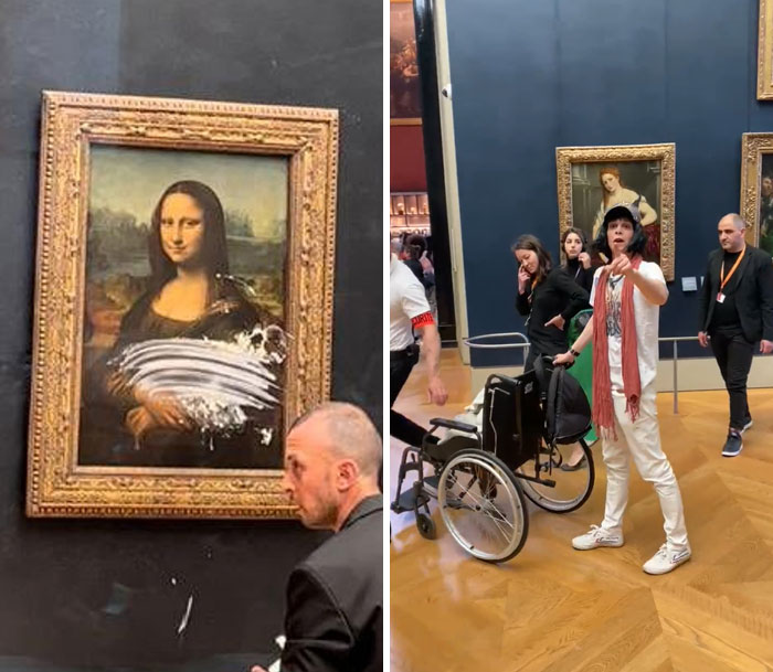 A Man Disguised As An Old Women In A Wheelchair Threw A Cake At The Mona Lisa Painting In Paris