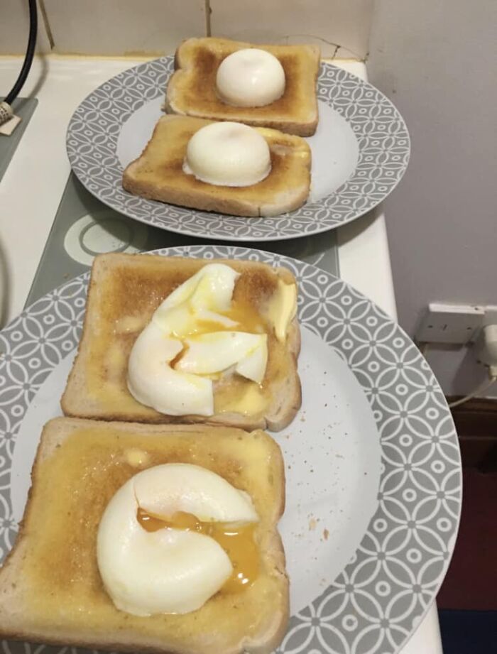 Four slices of toast on plates with poorly poached eggs, featured in a Facebook group where people rate others' dishes.