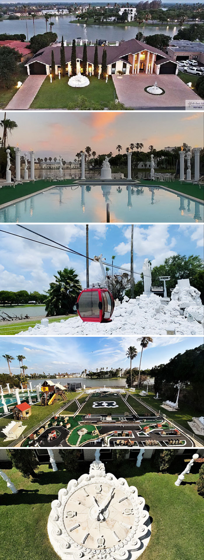 The Yard Is So Bizarre. It Includes A Ski Lift, A Mini Town And A Pool Surrounded By Roman Columns. Oh And One Hell Of A Sundial