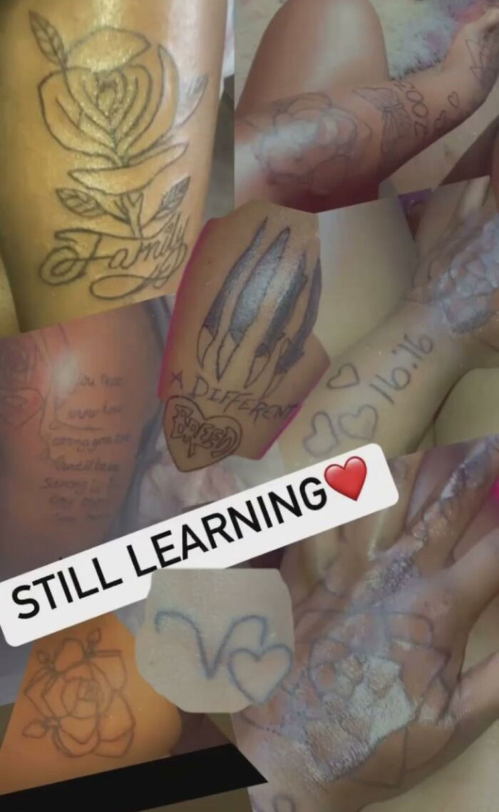 Bad tattoos compilation with funny designs and text, captioned "STILL LEARNING" with a heart emoji.