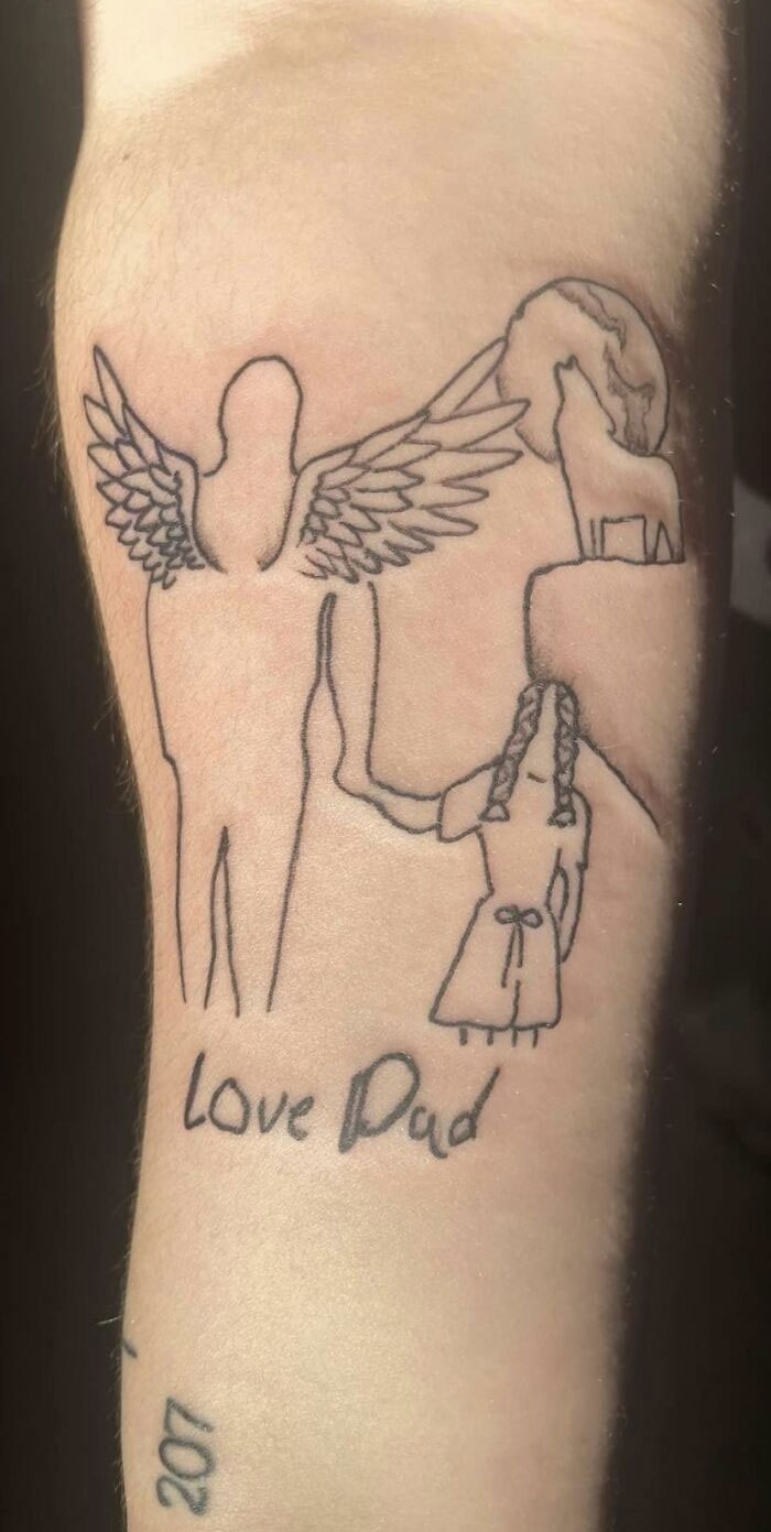 Bad tattoo with angel, girl holding hands, wolf and earth, captioned "Love Dad".