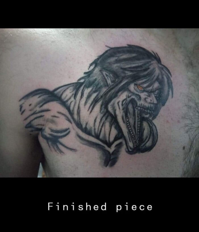 Bad tattoo of a werewolf-like creature on someone's chest, showcasing humorous inkshaming potential.