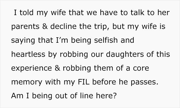 Man Wonders If It's Truly 'Selfish' And 'Heartless' To Ask His Wife To Cancel Her Terminally Ill Father&rsquo;s Trip To Disney With Their Daughters