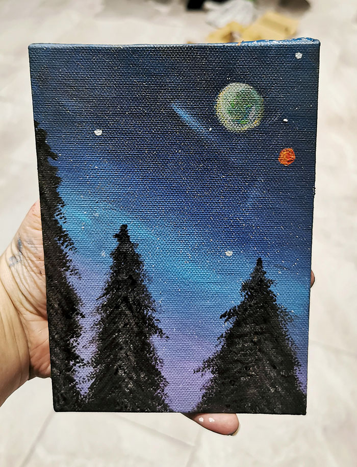 Mi novio me compró material artístico por Navidad, pero nunca había pintado. Sé que esto necesita mucho trabajo, pero estoy tan feliz con mi primera pintura