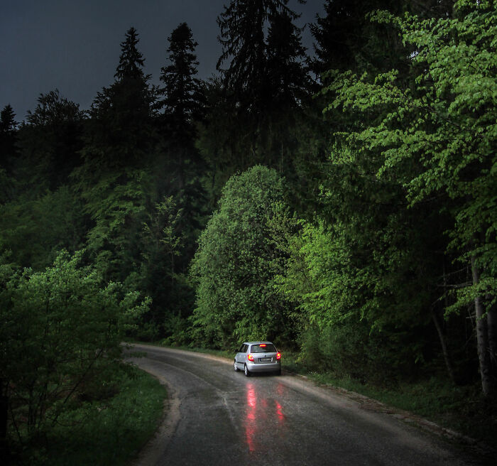 Car driving alone on dark forest road at night, illustrating fear of going downstairs after turning off the lights.