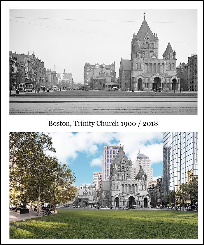 Historical and recent images combined showing Boston’s Trinity Church and city changes between 1900 and 2018.