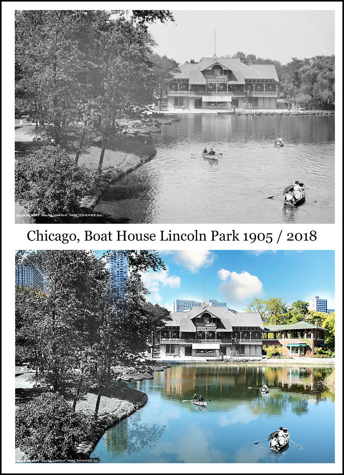 Side-by-side historical and recent images of Chicago's Lincoln Park Boat House showing remarkable changes over time.