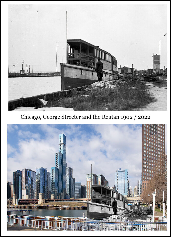 Historical and recent images combined showing Chicago riverfront with old boat and modern skyscrapers.