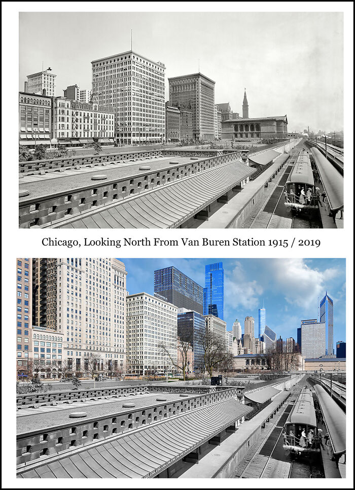 Historical and recent images of Chicago skyline combined to show how much things have changed over time.