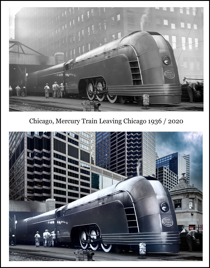 Historical and recent images combined showing the Mercury Train leaving Chicago with changing cityscape in the background.