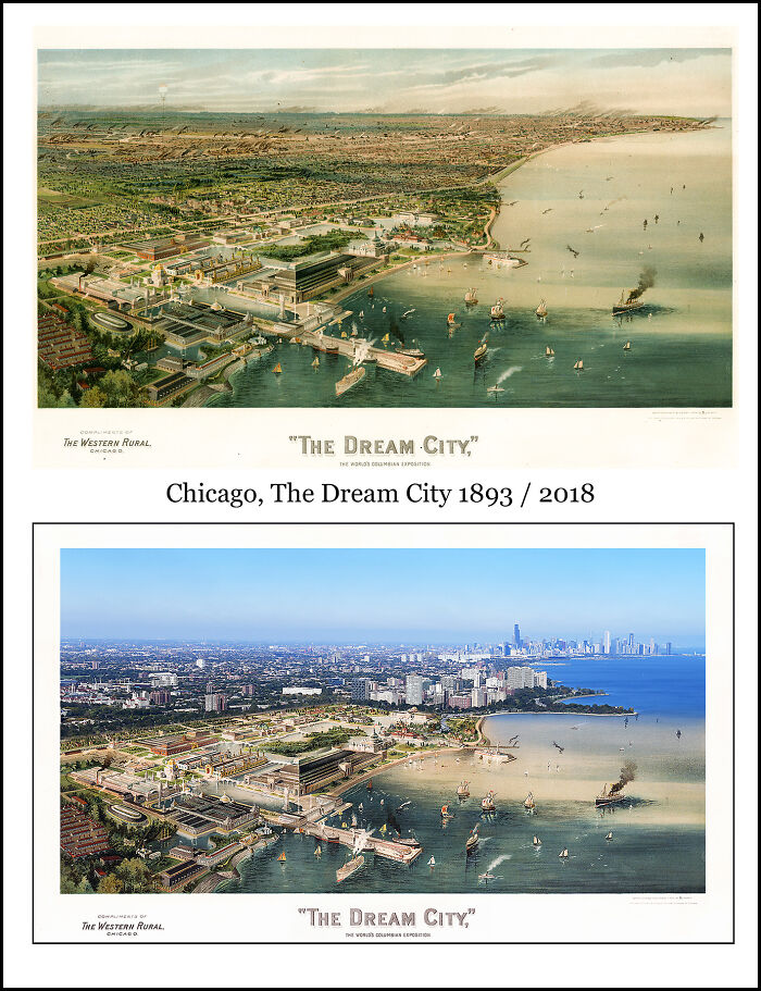 Split image combining historical and recent views of Chicago waterfront, highlighting changes over time in cityscape and harbor.