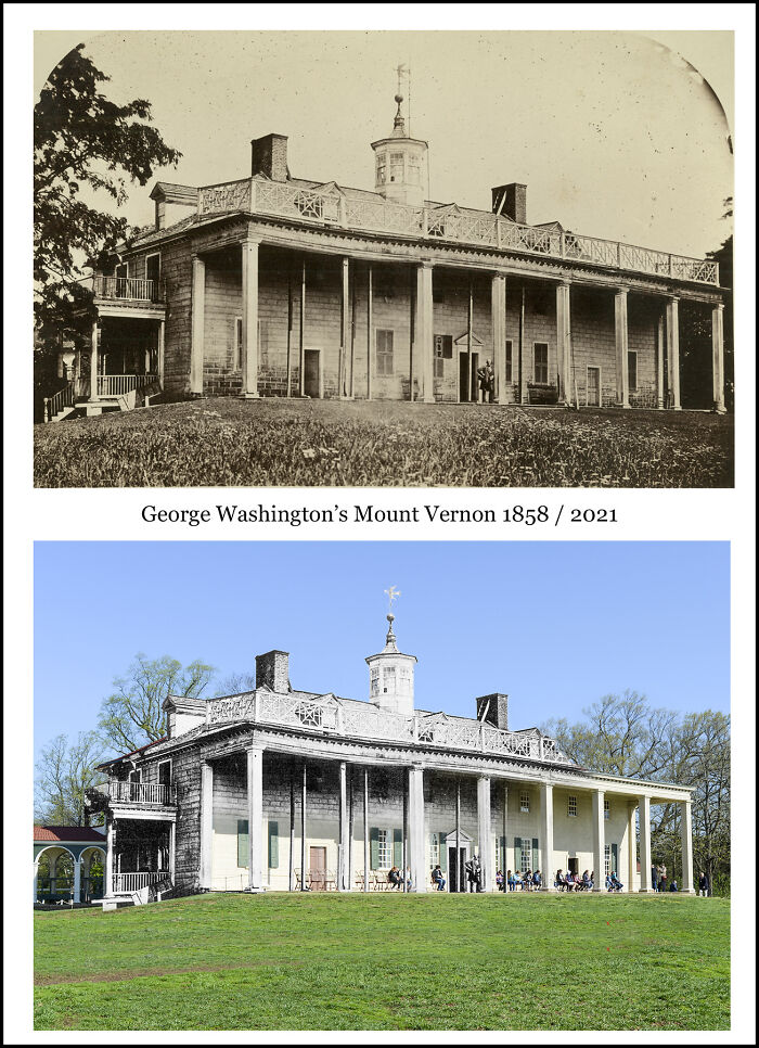 Split image showing George Washington's Mount Vernon in 1858 and 2021, combining historical and recent views to highlight change.
