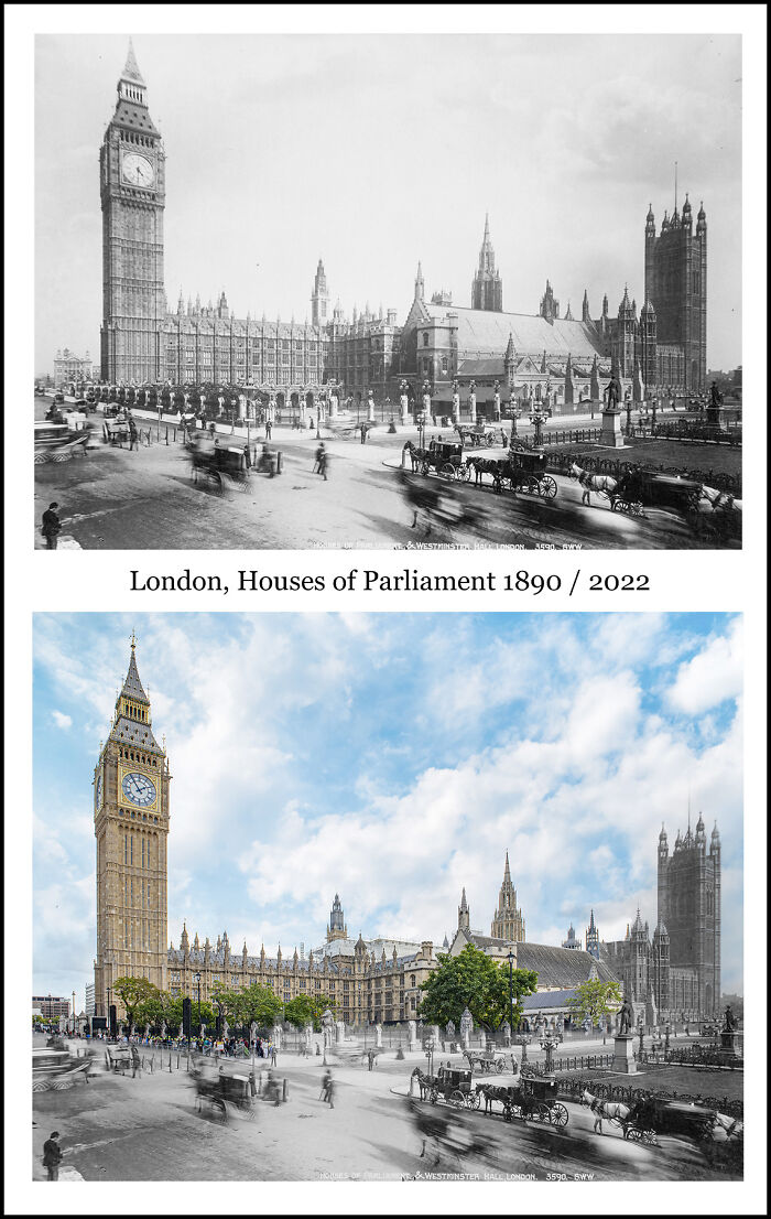 Historical images combined with recent ones showing London Houses of Parliament and changes over time.