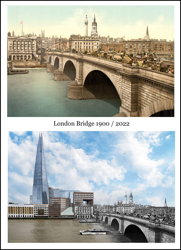 London Bridge shown with historical and recent images combined to highlight how much things have changed over time.