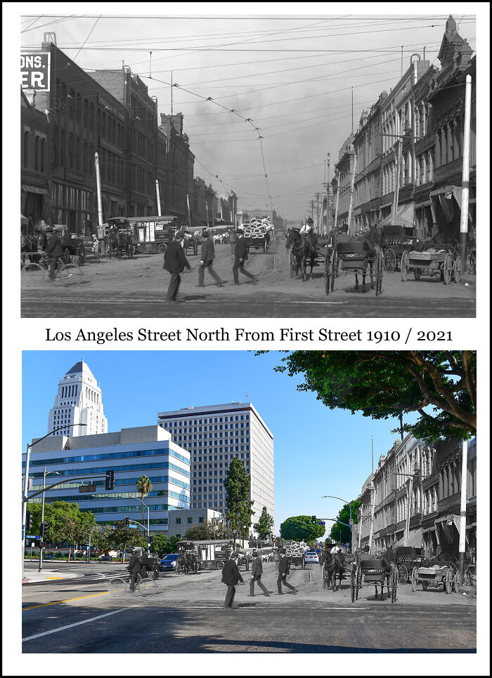 Side-by-side historical and recent images of Los Angeles street showing how much things have changed over time.