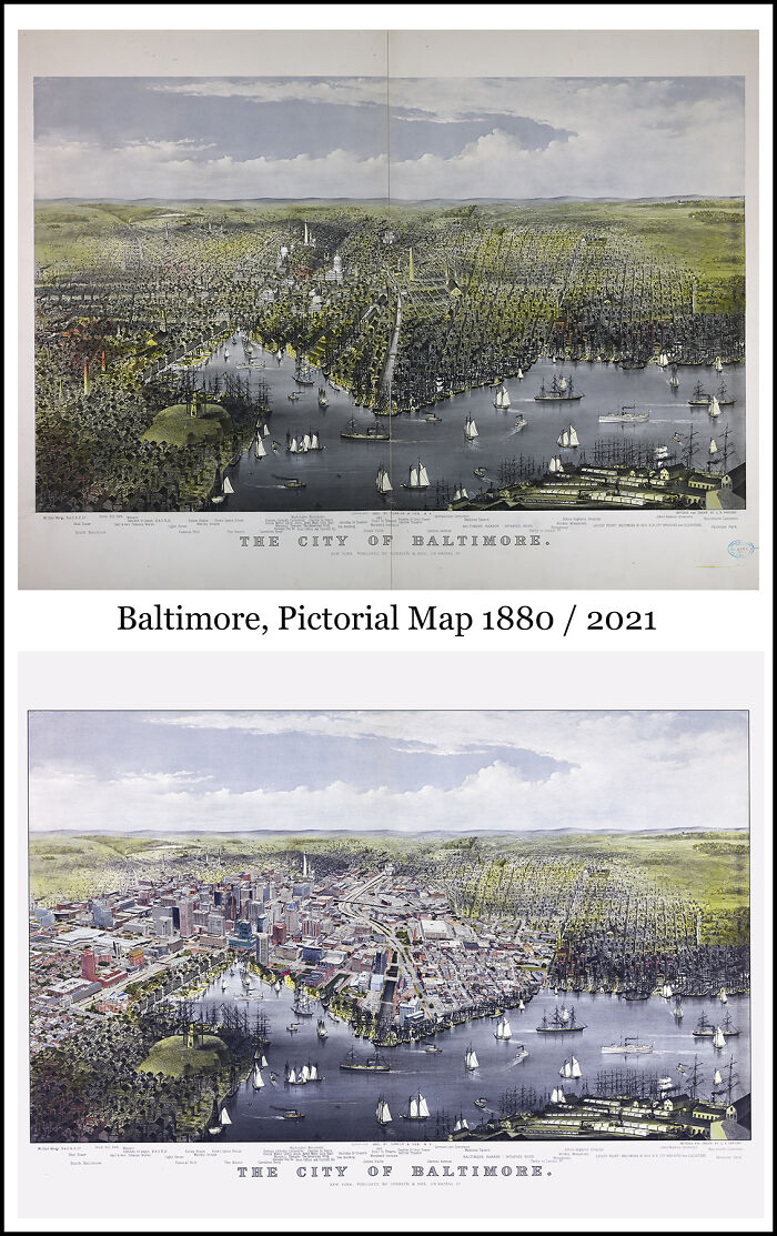 Historical and recent combined images of Baltimore show how much things have changed with pictorial maps from 1880 to 2021.