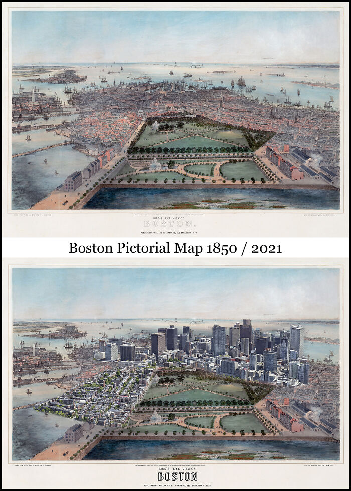 Side-by-side historical and recent Boston maps showing dramatic changes in cityscape over time with combined images.