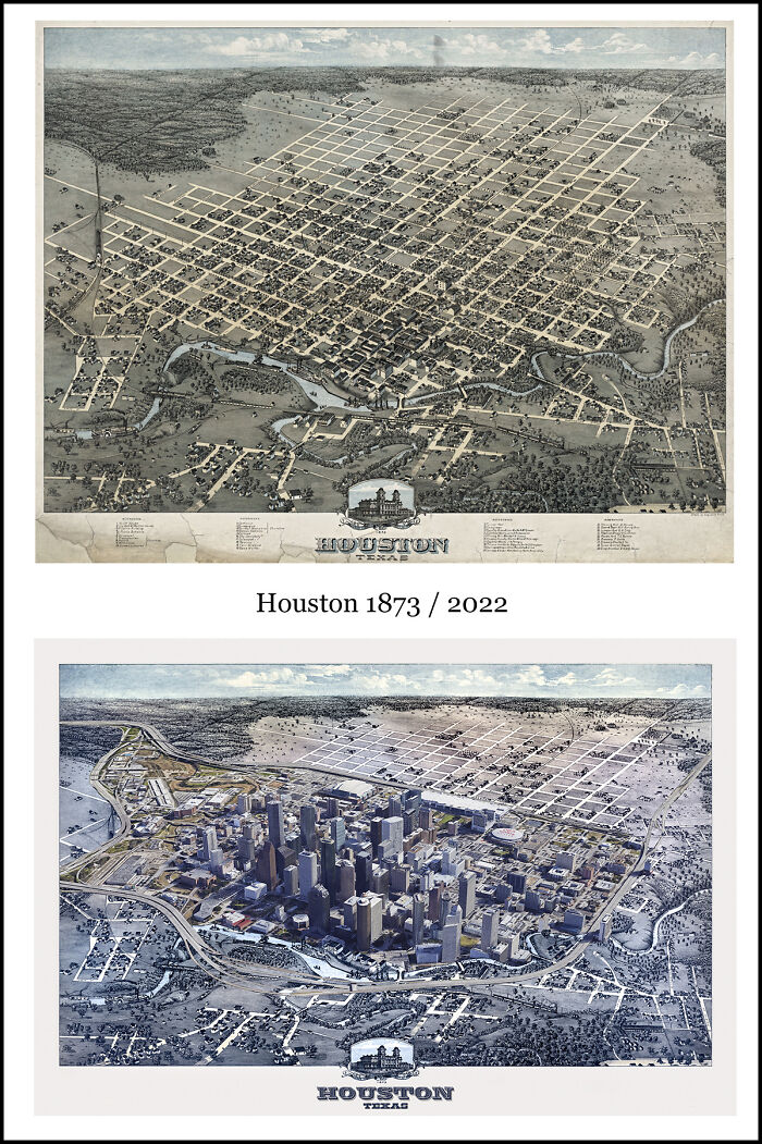 Historic and recent images combined showing Houston cityscape transformation from 1873 to 2022 with a modern twist.