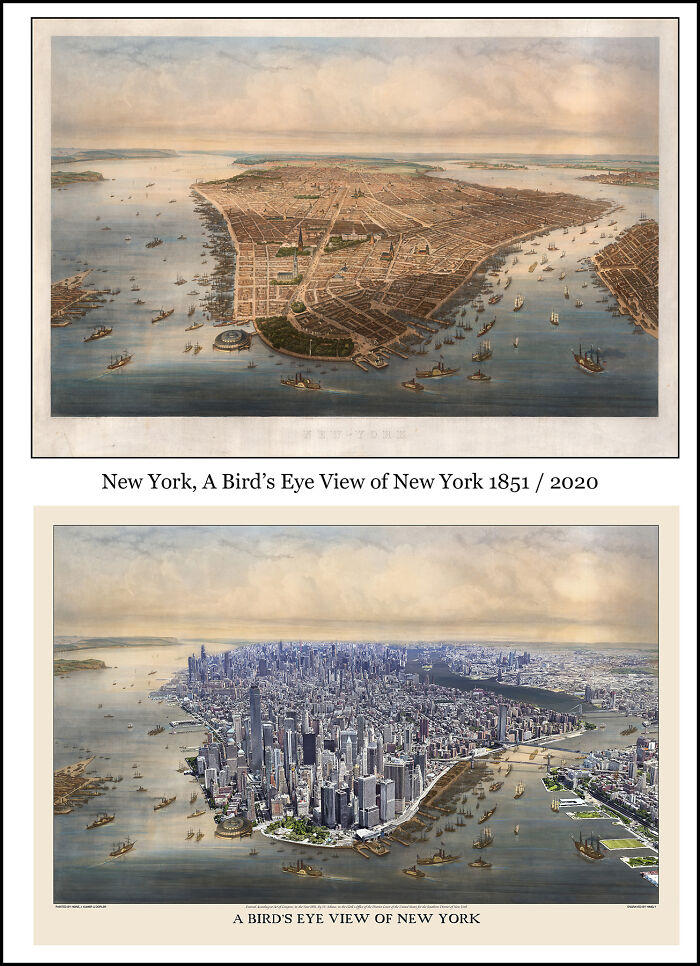 A combined historical and recent bird's eye view of New York showing how much the city has changed over time.