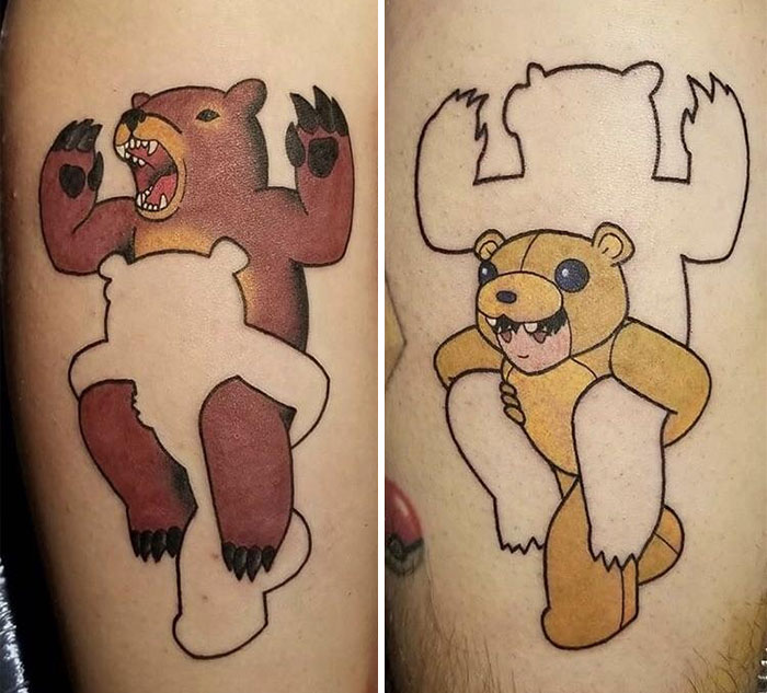 Brother and sister tattoos of bears, each holding an absent silhouette, representing their connection.