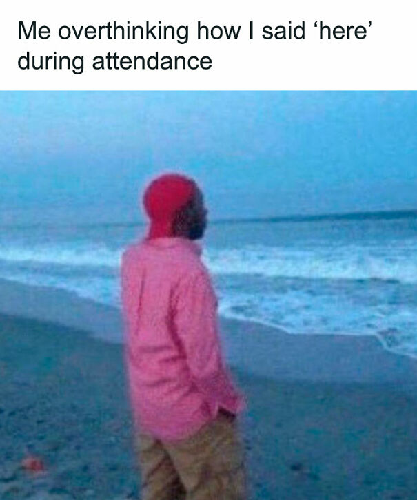 Person standing on a beach, contemplating with text about social anxiety over attending.