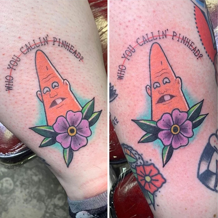 Cartoon-inspired brother and sister tattoos featuring a character with a flower, text reading "Who You Callin' Pinhead?"