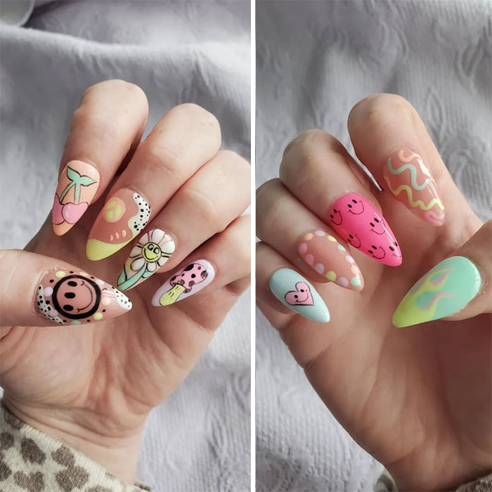 Colorful and creative nail art designs featuring smiling faces, flowers, and abstract patterns. Perfect for your next nail appointment.