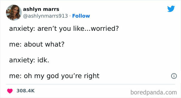 Social anxiety meme: conversation with anxiety about being worried without a specific reason.
