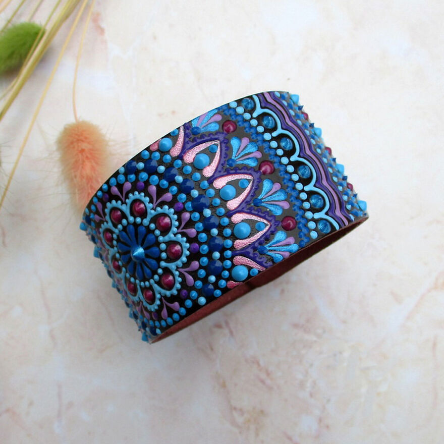 I Painted These Leather Cuff Bracelets With Acrylic Paints Using The Dot Art Technique.