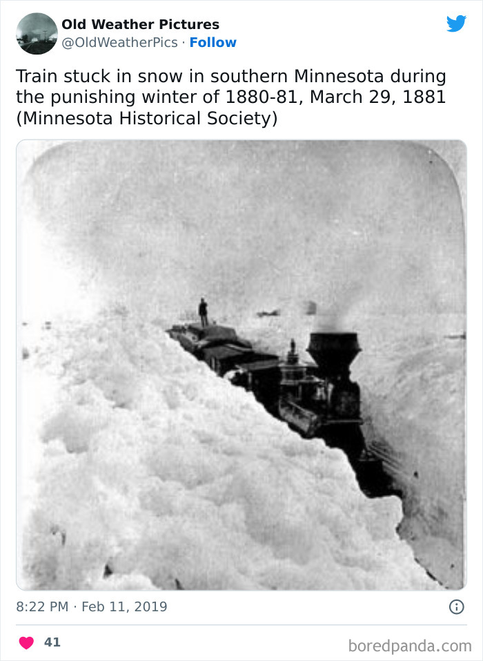 Train stuck in deep snow in southern Minnesota during extreme and crazy historical weather conditions in 1881.