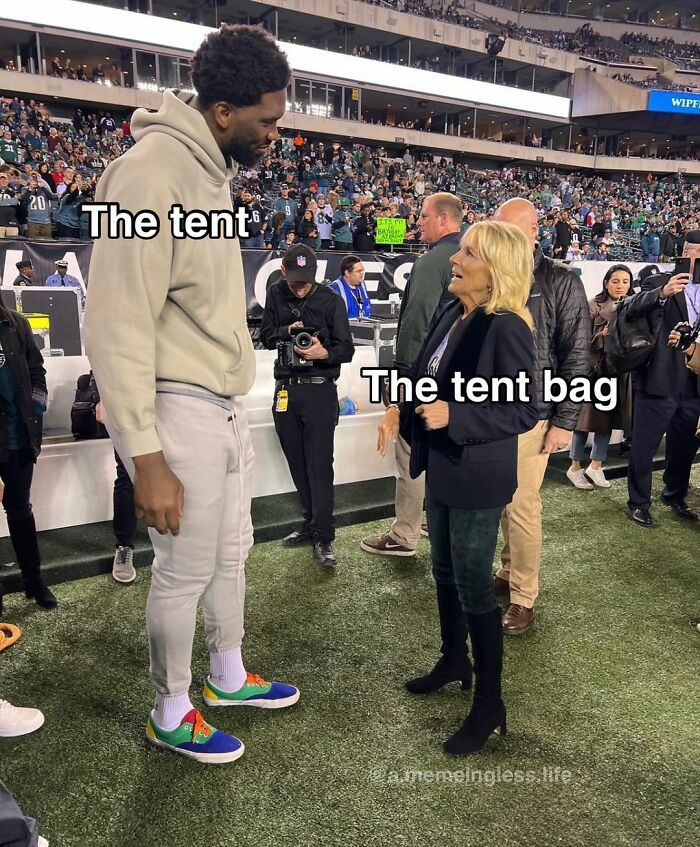 Tall person labeled "The tent" and shorter person labeled "The tent bag" in a humorous everyday life meme setting.