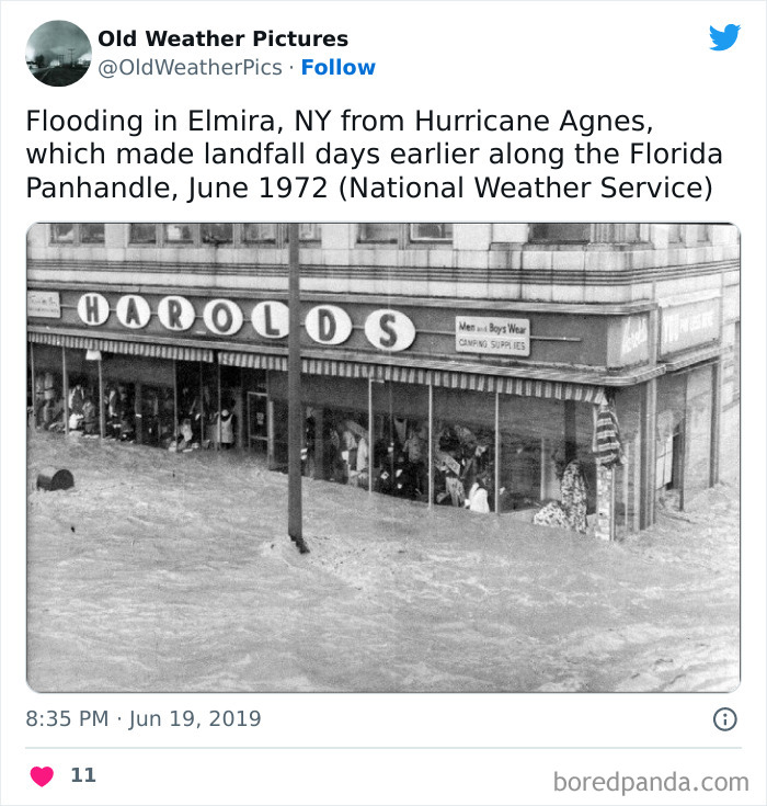 Flooding in Elmira, NY caused by Hurricane Agnes in June 1972, showcasing extreme and crazy weather events from the past.