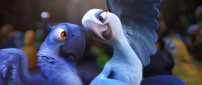 Cartoon couple of blue birds snuggling, showcasing a sweet and loving relationship.