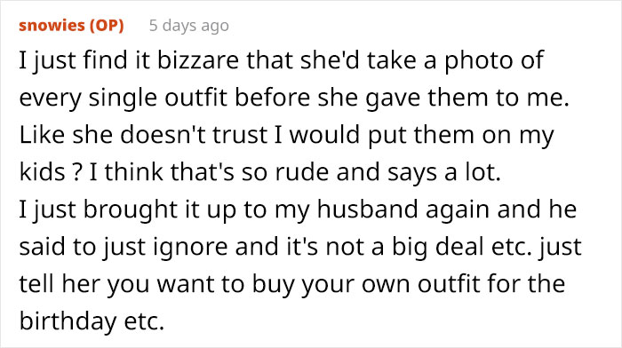 Mom Asks The Internet For Advice After Her MIL Starts Policing The Clothes She Gave Her Grandkids Mom Asks The Internet For Advice After Her MIL Starts Policing The Clothes She Gave Her Grandkids