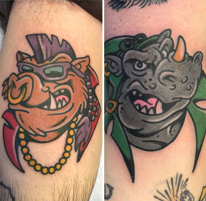 Brother and sister tattoo ideas featuring colorful cartoon-style animals on skin.