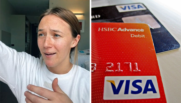 TikToker from New Zealand reacting to culture shock after relocating to the US with credit cards shown close-up.