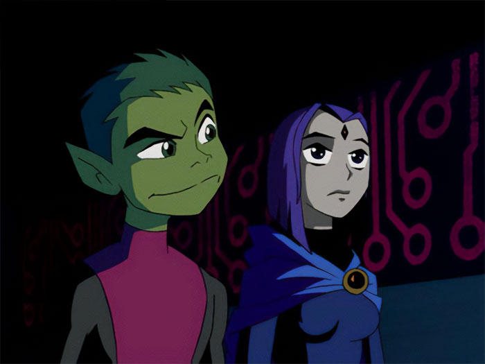 Cartoon couple standing together, one with green skin and purple hair, in a futuristic setting; love is sweeter than sugar.