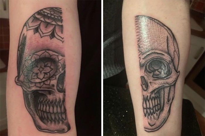 Brother and sister tattoos featuring matching skull designs on arms, symbolizing unity and connection.