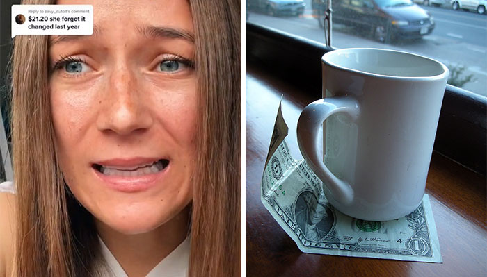 TikToker from New Zealand reacting to American culture shock with a coffee cup on a dollar bill in a window setting.